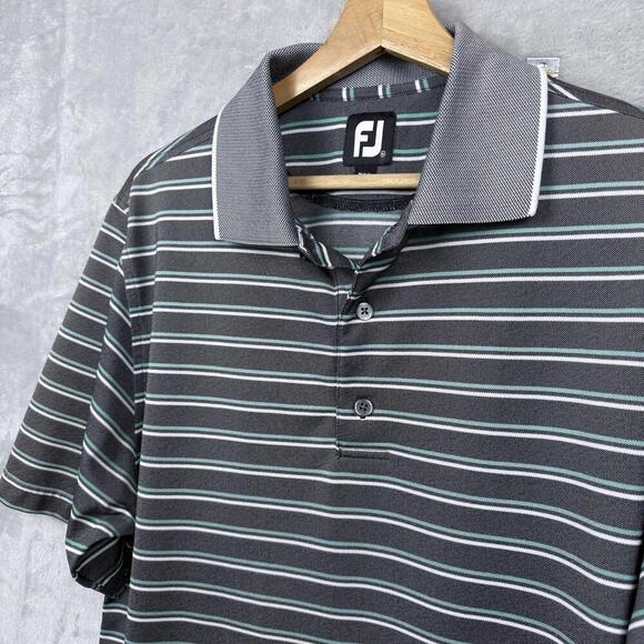 FJ FootJoy Striped Golf Polo Shirt Men Size M Gray Green Performance Polyester - Picture 4 of 9